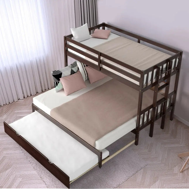 Twin Pull-Out Bunk Bed with Trundle Wooden Ladder-Dark Brown - Dark Brown - Bunk Bed Frame