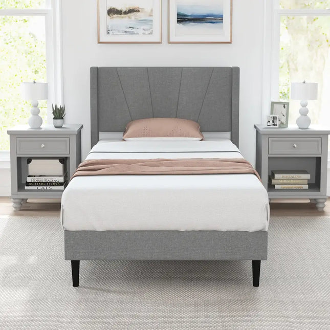 Twin/Queen Bed Frame with Linen Upholstered Wingback Headboard-Twin Size - Gray - Simple Bed Frame