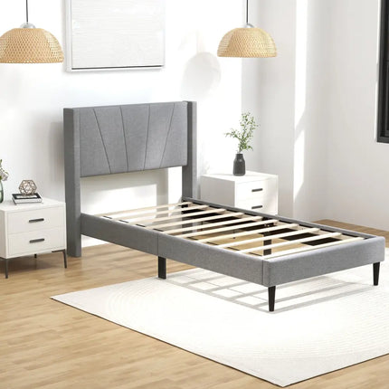 Twin/Queen Bed Frame with Linen Upholstered Wingback Headboard-Twin Size - Gray - Simple Bed Frame