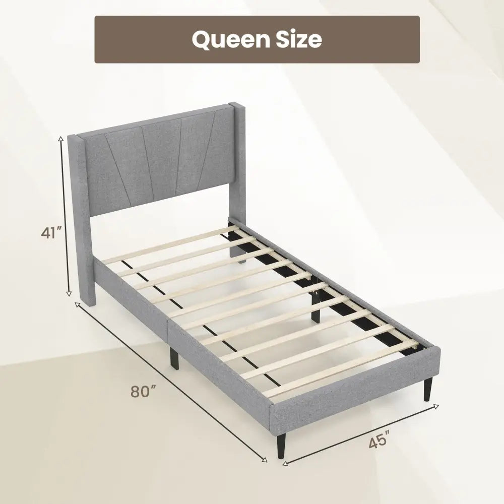 Twin/Queen Bed Frame with Linen Upholstered Wingback Headboard-Twin Size - Gray - Simple Bed Frame