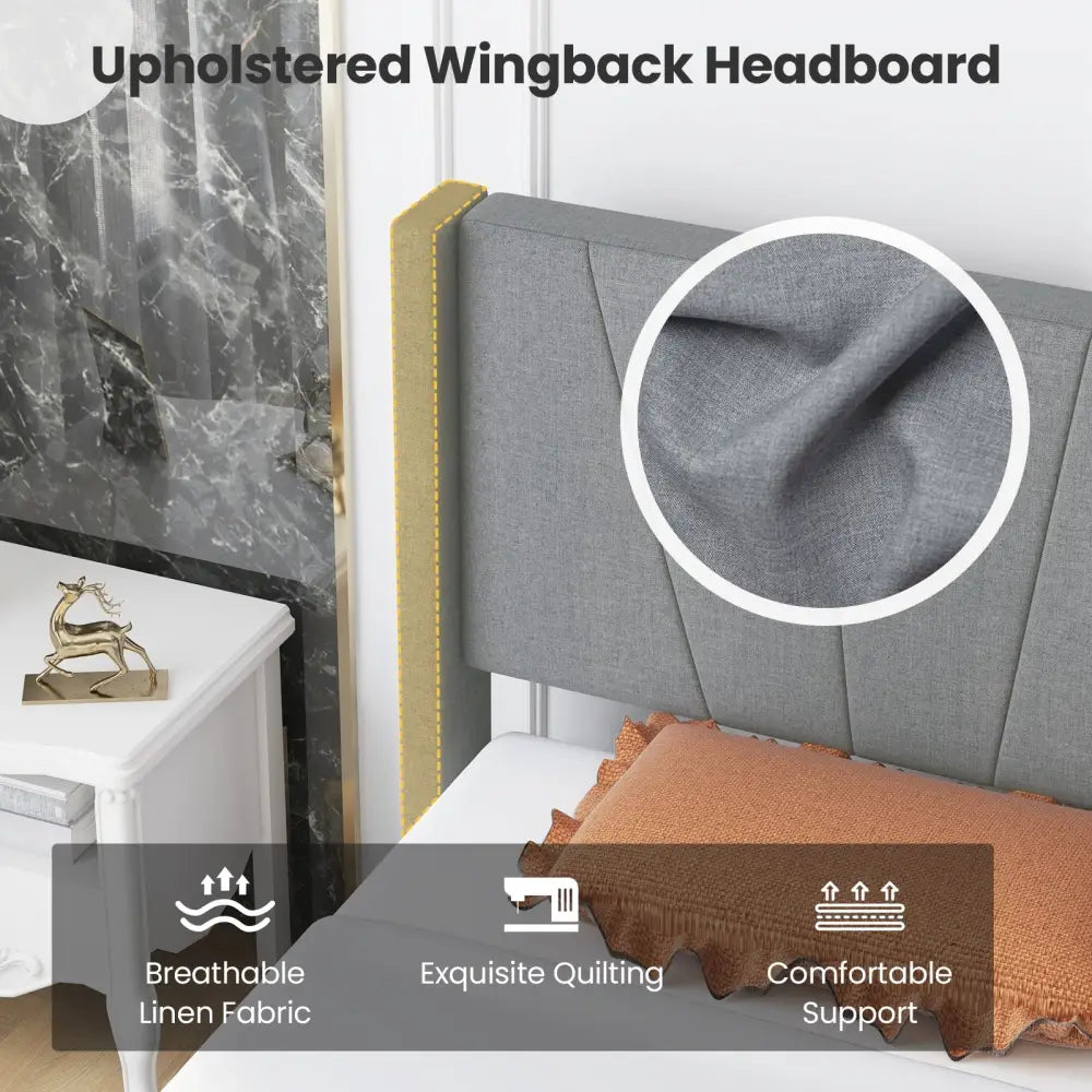 Twin/Queen Bed Frame with Linen Upholstered Wingback Headboard-Twin Size - Gray - Simple Bed Frame