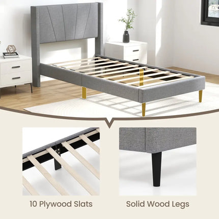 Twin/Queen Bed Frame with Linen Upholstered Wingback Headboard-Twin Size - Gray - Simple Bed Frame