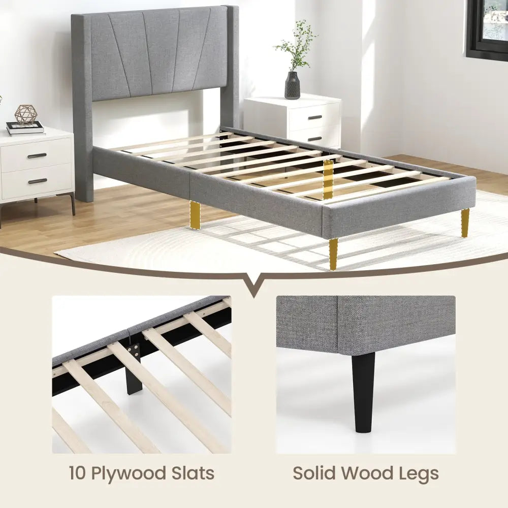 Twin/Queen Bed Frame with Linen Upholstered Wingback Headboard-Twin Size - Gray - Simple Bed Frame