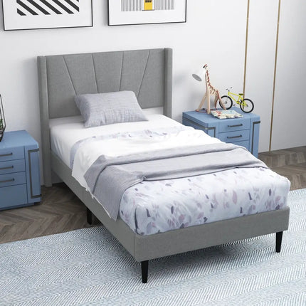 Twin/Queen Bed Frame with Linen Upholstered Wingback Headboard-Twin Size - Gray - Simple Bed Frame