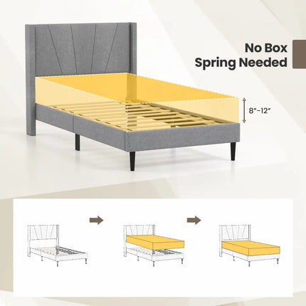 Twin/Queen Bed Frame with Linen Upholstered Wingback Headboard-Twin Size - Gray - Simple Bed Frame