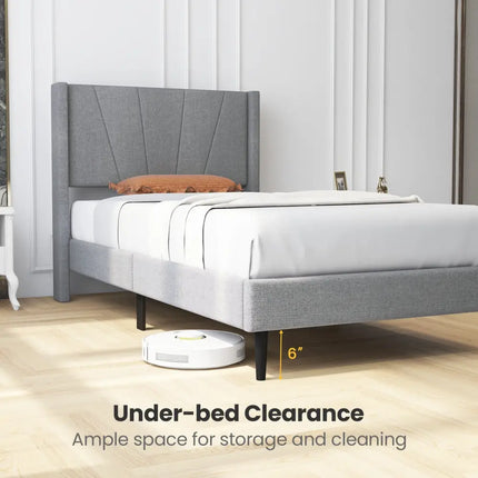 Twin/Queen Bed Frame with Linen Upholstered Wingback Headboard-Twin Size - Gray - Simple Bed Frame