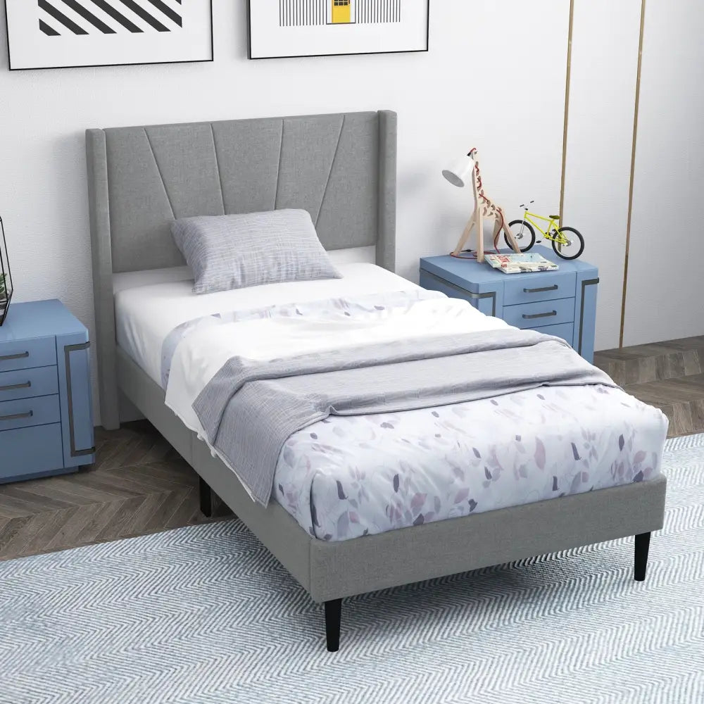Twin/Queen Bed Frame with Linen Upholstered Wingback Headboard-Twin Size - Gray - Simple Bed Frame