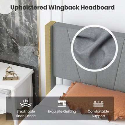Twin/Queen Bed Frame with Linen Upholstered Wingback Headboard-Twin Size - Gray - Simple Bed Frame