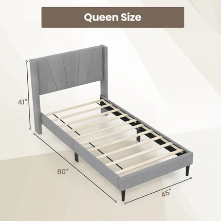 Twin/Queen Bed Frame with Linen Upholstered Wingback Headboard-Twin Size - Gray - Simple Bed Frame