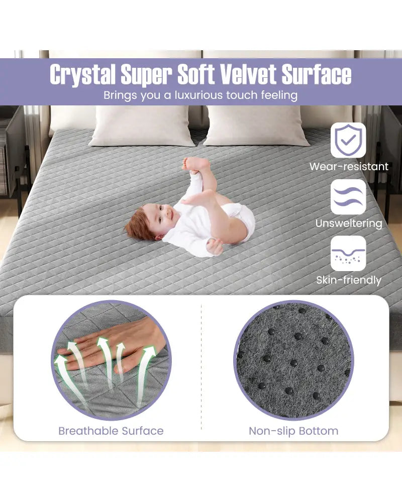 Twin/Queen/King Size Mattress Protector Luxury Super Soft Velvet Mattress Topper-Queen Size - Gray - Mattresses