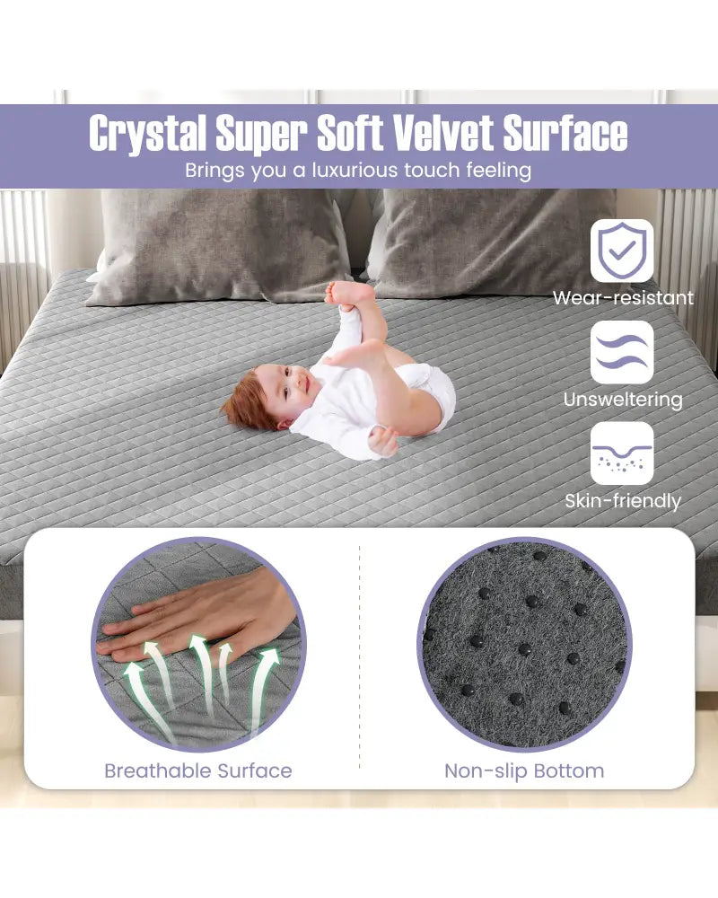 Twin/Queen/King Size Mattress Protector Luxury Super Soft Velvet Mattress Topper-King Size - Gray - Mattresses