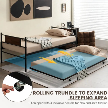 Twin Size 2-In-1 Daybed Frame with Pullout Trundle - Black - Trundle Bed Frame