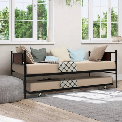 Twin Size 2-In-1 Daybed Frame with Pullout Trundle - Black - Trundle Bed Frame