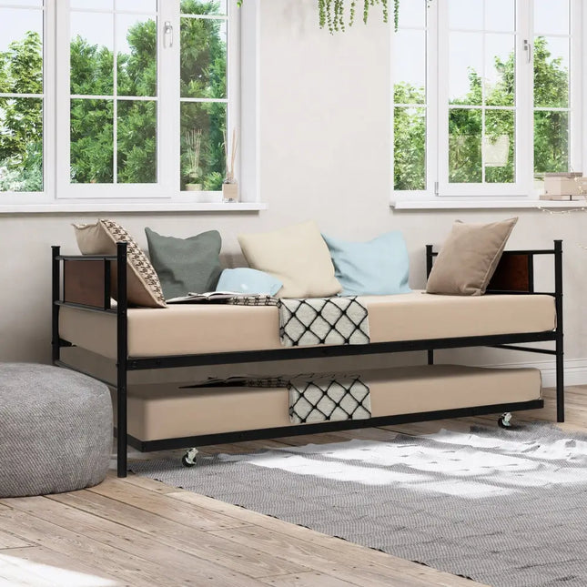 Twin Size 2-In-1 Daybed Frame with Pullout Trundle - Black - Trundle Bed Frame