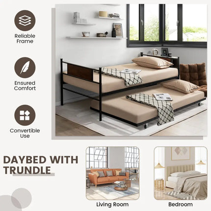 Twin Size 2-In-1 Daybed Frame with Pullout Trundle - Black - Trundle Bed Frame