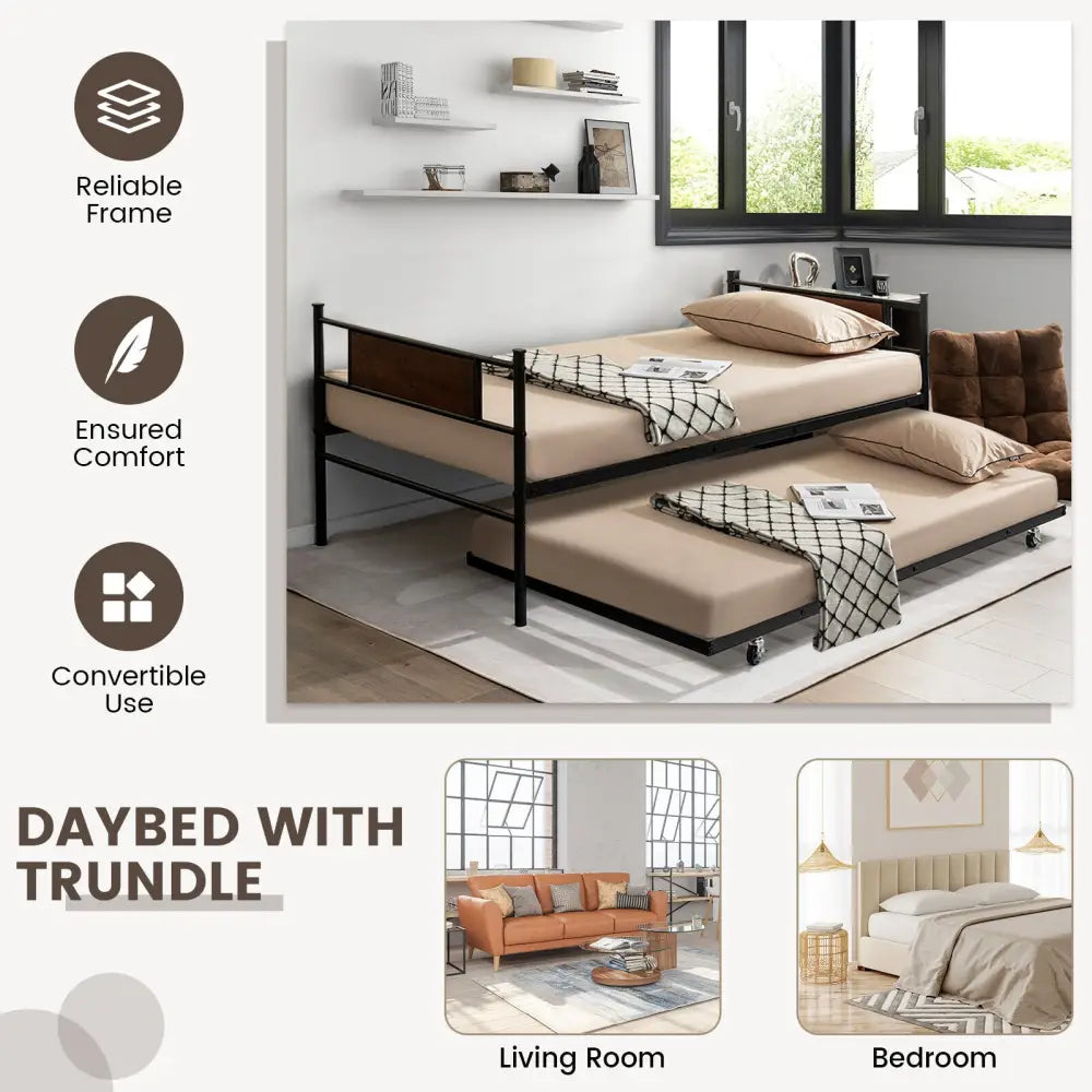 Twin Size 2-In-1 Daybed Frame with Pullout Trundle - Black - Trundle Bed Frame