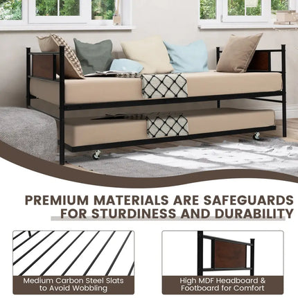 Twin Size 2-In-1 Daybed Frame with Pullout Trundle - Black - Trundle Bed Frame