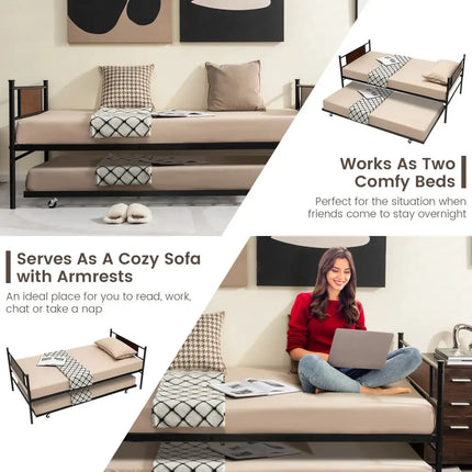 Twin Size 2-In-1 Daybed Frame with Pullout Trundle - Black - Trundle Bed Frame