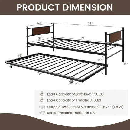 Twin Size 2-In-1 Daybed Frame with Pullout Trundle - Black - Trundle Bed Frame