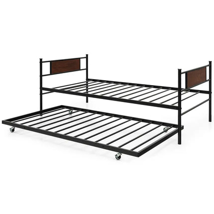 Twin Size 2-In-1 Daybed Frame with Pullout Trundle - Black - Trundle Bed Frame