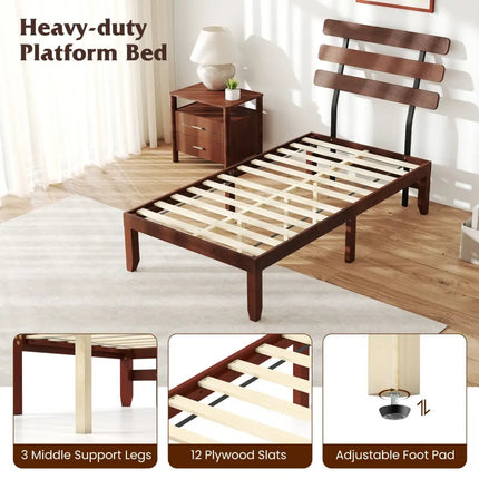 Twin Size Bed Frame 15.5 Inch Solid Wood Platform Bed with Retro Headboard - Walnut - Simple Bed Frame