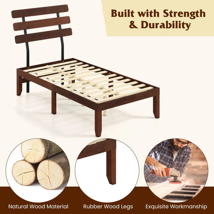 Twin Size Bed Frame 15.5 Inch Solid Wood Platform Bed with Retro Headboard - Walnut - Simple Bed Frame