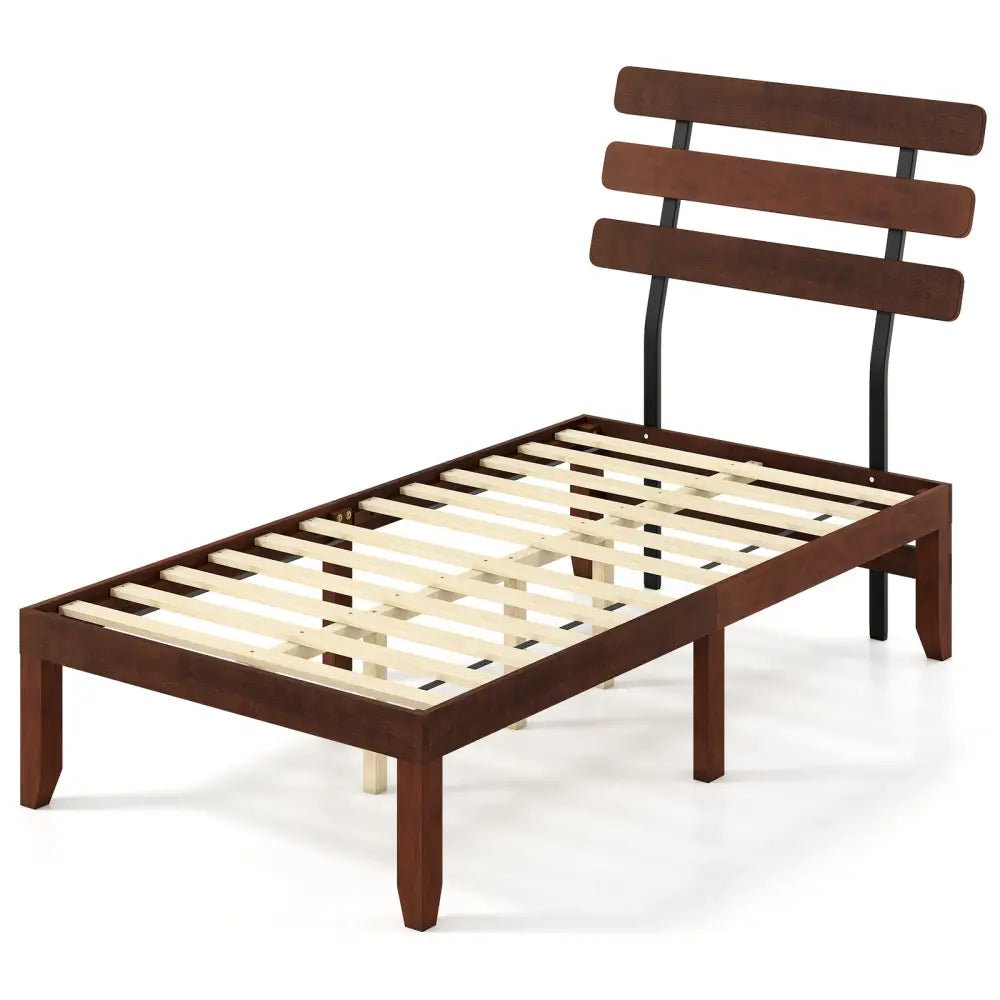 Twin Size Bed Frame 15.5 Inch Solid Wood Platform Bed with Retro Headboard - Walnut - Simple Bed Frame