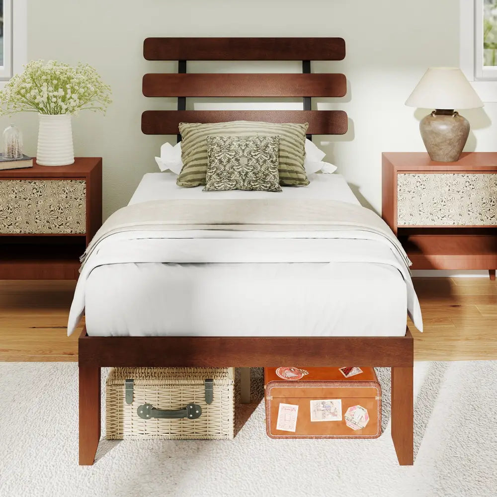 Twin Size Bed Frame 15.5 Inch Solid Wood Platform Bed with Retro Headboard - Walnut - Simple Bed Frame
