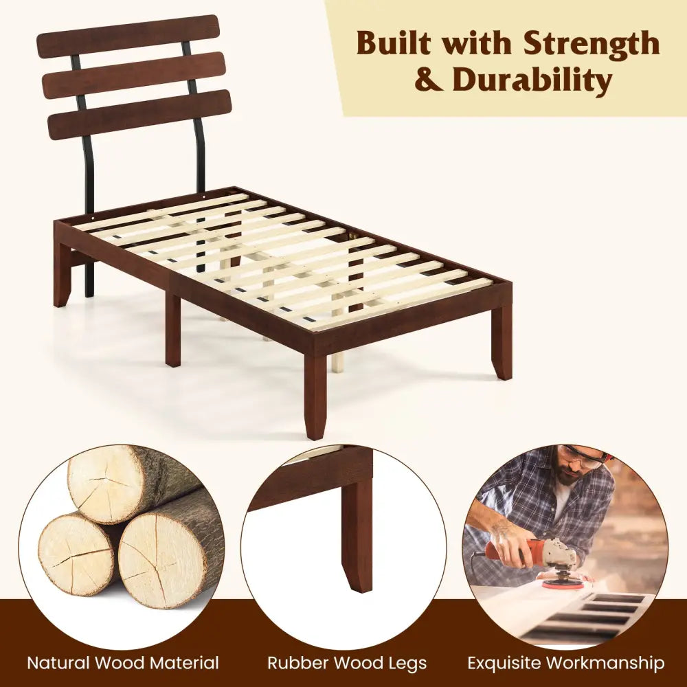 Twin Size Bed Frame 15.5 Inch Solid Wood Platform Bed with Retro Headboard - Walnut - Simple Bed Frame