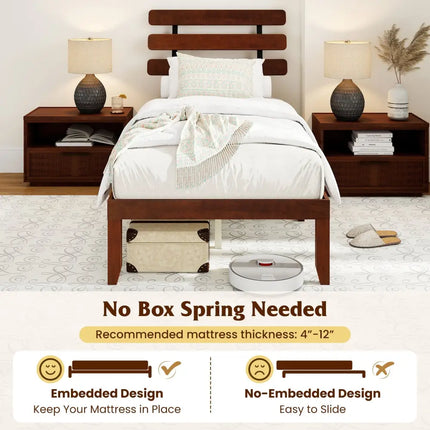 Twin Size Bed Frame 15.5 Inch Solid Wood Platform Bed with Retro Headboard - Walnut - Simple Bed Frame
