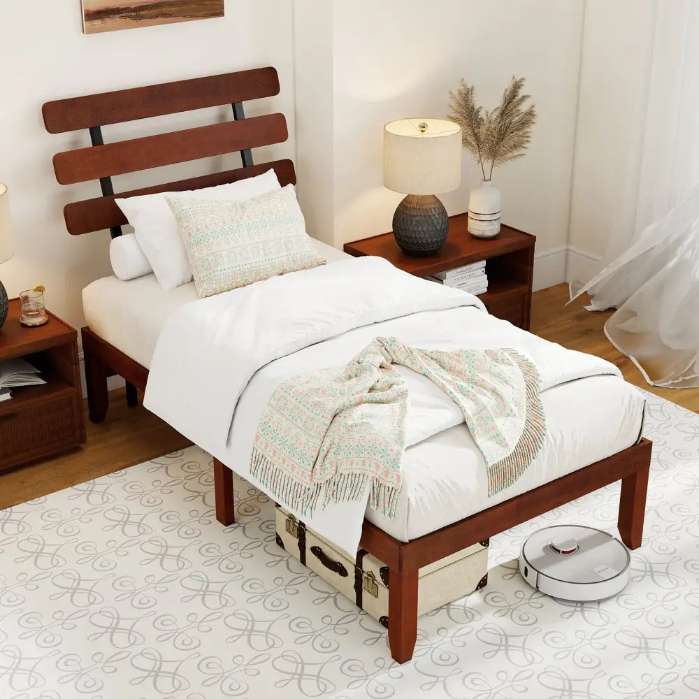 Twin Size Bed Frame 15.5 Inch Solid Wood Platform Bed with Retro Headboard - Walnut - Simple Bed Frame