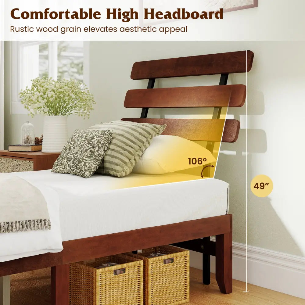 Twin Size Bed Frame 15.5 Inch Solid Wood Platform Bed with Retro Headboard - Walnut - Simple Bed Frame