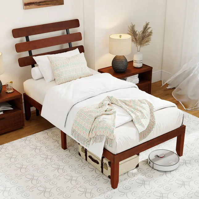 Twin Size Bed Frame 15.5 Inch Solid Wood Platform Bed with Retro Headboard - Walnut - Simple Bed Frame