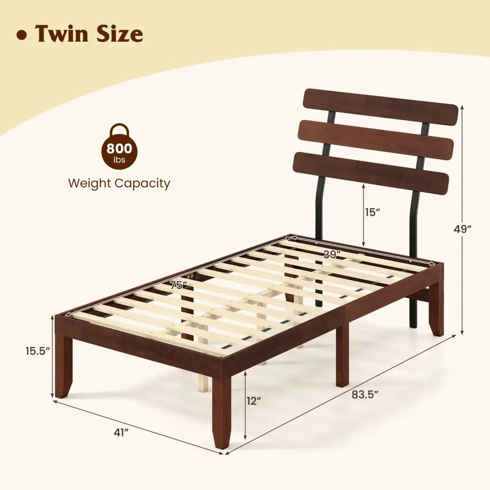 Twin Size Bed Frame 15.5 Inch Solid Wood Platform Bed with Retro Headboard - Walnut - Simple Bed Frame