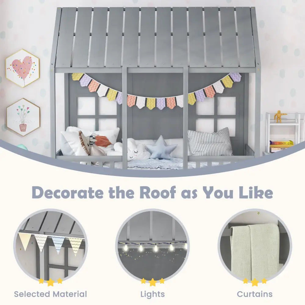 Twin Size Bed Frame House Bed with Trundle and 82 Inch Tall Roof-Gray - Gray - Toddler Beds