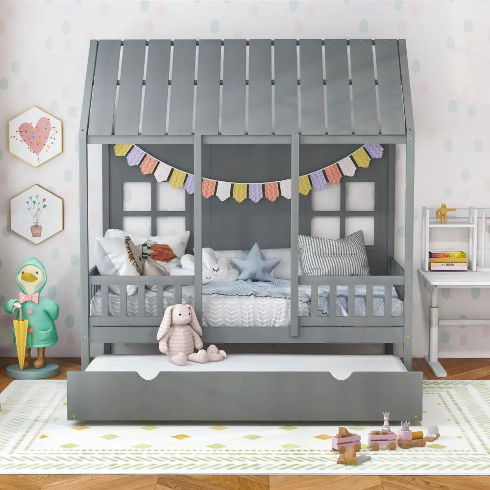 Twin Size Bed Frame House Bed with Trundle and 82 Inch Tall Roof-Gray - Gray - Toddler Beds