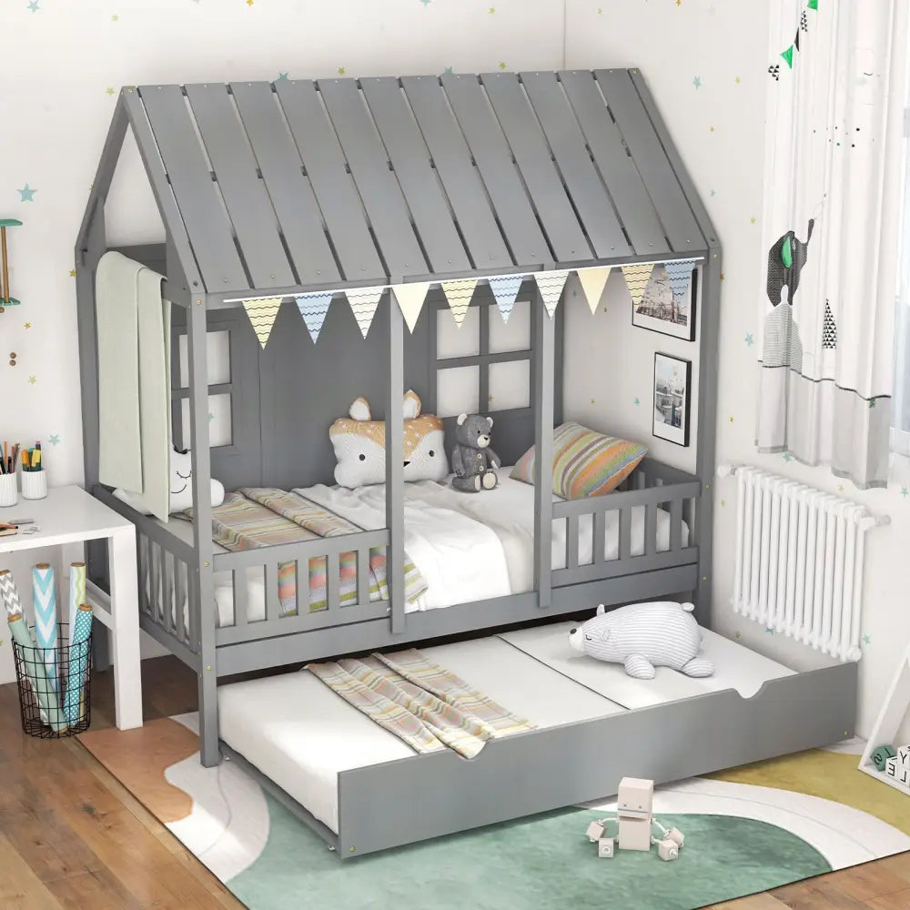 Twin Size Bed Frame House Bed with Trundle and 82 Inch Tall Roof-Gray - Gray - Toddler Beds