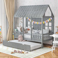 Twin Size Bed Frame House Bed with Trundle and 82 Inch Tall Roof-Gray - Gray - Toddler Beds