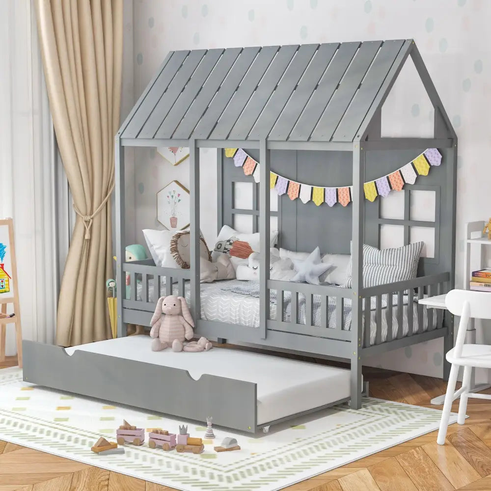 Twin Size Bed Frame House Bed with Trundle and 82 Inch Tall Roof-Gray - Gray - Toddler Beds