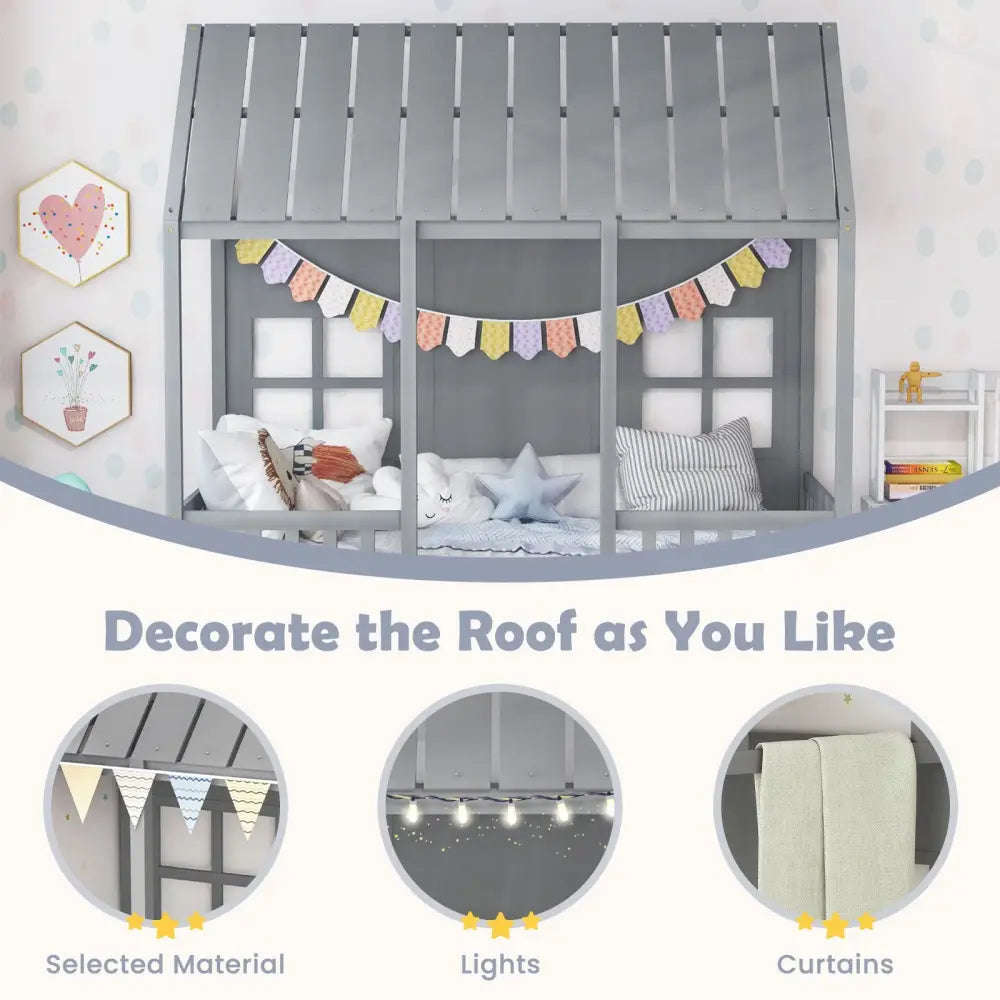 Twin Size Bed Frame House Bed with Trundle and 82 Inch Tall Roof-Gray - Gray - Toddler Beds