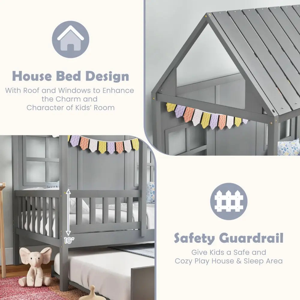 Twin Size Bed Frame House Bed with Trundle and 82 Inch Tall Roof-Gray - Gray - Toddler Beds