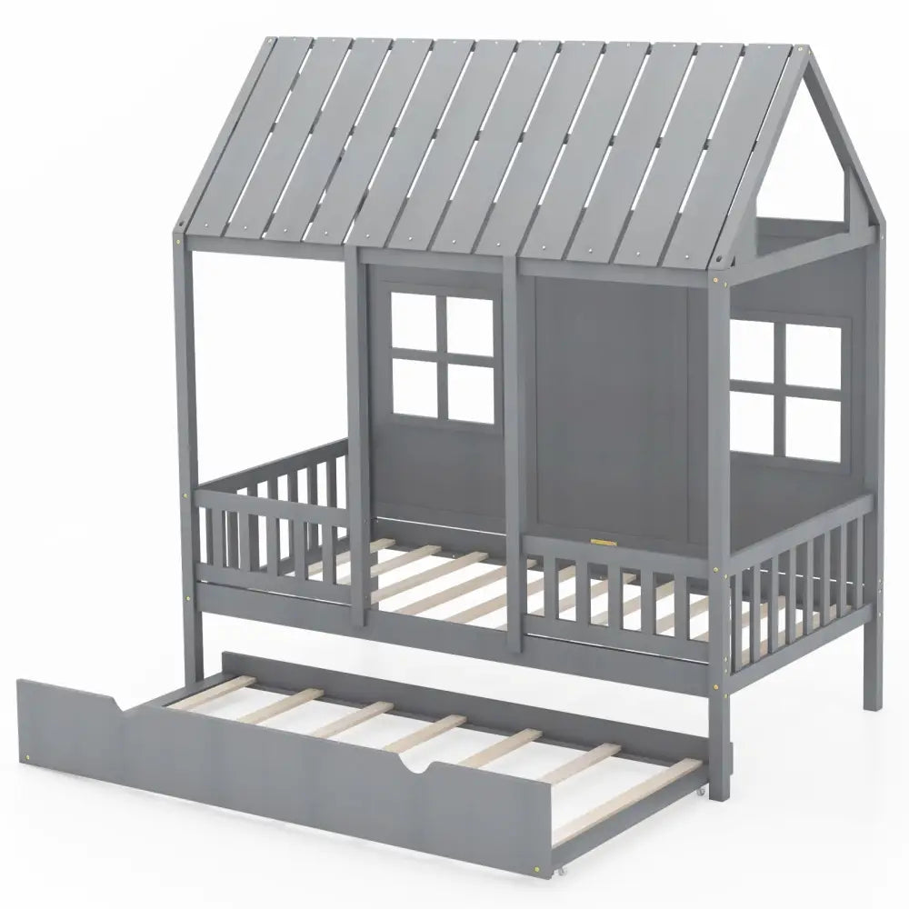 Twin Size Bed Frame House Bed with Trundle and 82 Inch Tall Roof-Gray - Gray - Toddler Beds