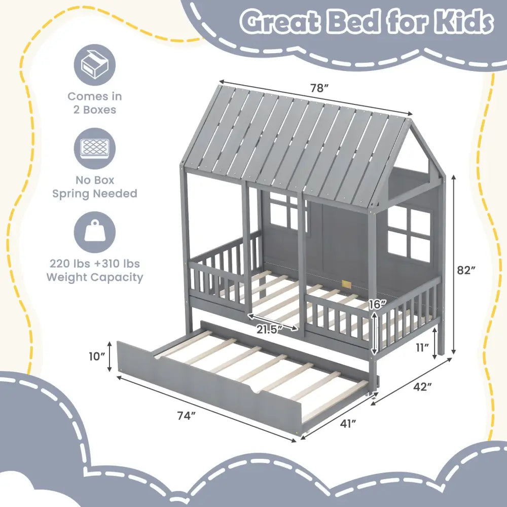 Twin Size Bed Frame House Bed with Trundle and 82 Inch Tall Roof-Gray - Gray - Toddler Beds