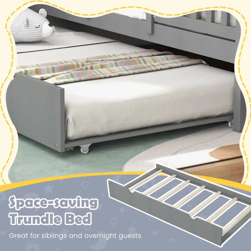 Twin Size Bed Frame House Bed with Trundle and 82 Inch Tall Roof-Gray - Gray - Toddler Beds