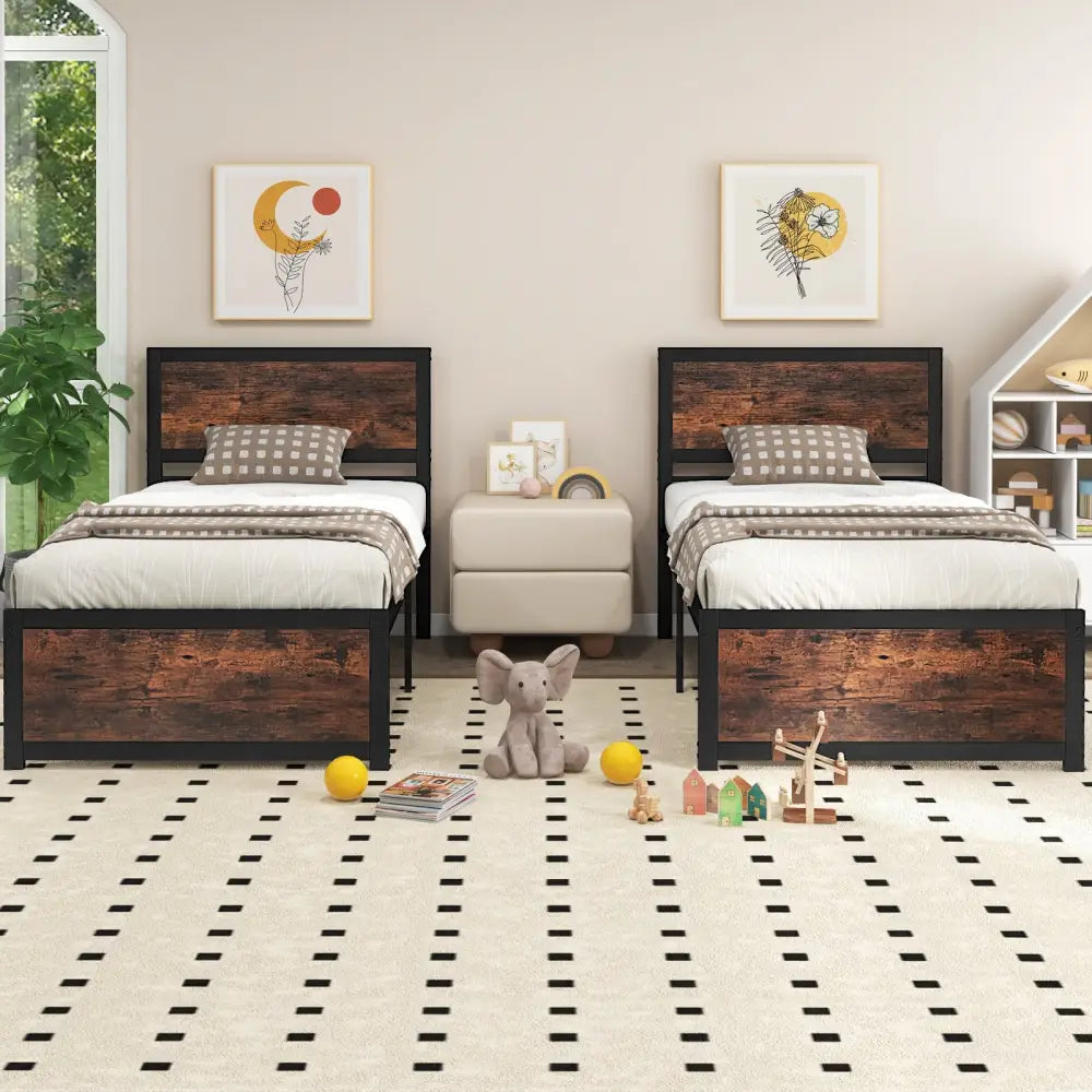 Twin Size Bed Frame Metal with High Headboard and Mute Bars-Twin Size - Rustic Brown - Simple Bed Frame