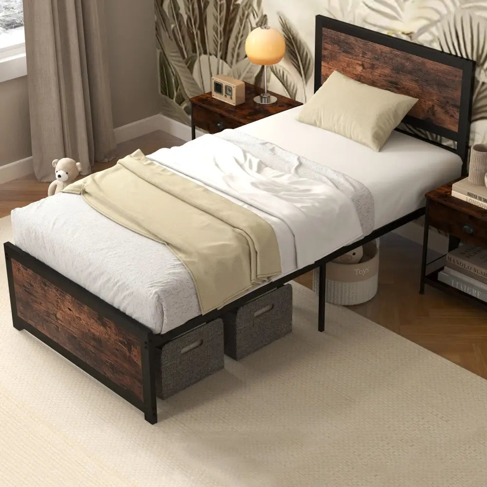 Twin Size Bed Frame Metal with High Headboard and Mute Bars-Twin Size - Rustic Brown - Simple Bed Frame