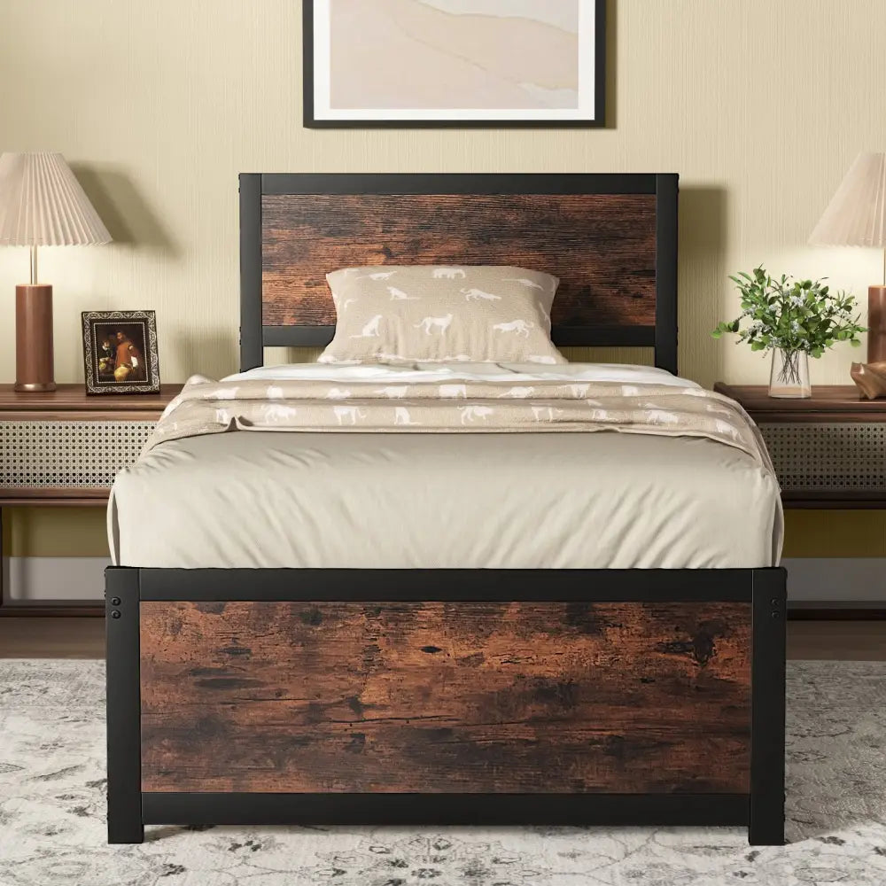 Twin Size Bed Frame Metal with High Headboard and Mute Bars-Twin Size - Rustic Brown - Simple Bed Frame