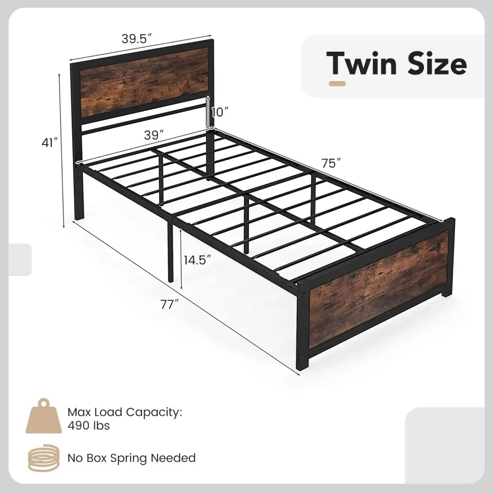 Twin Size Bed Frame Metal with High Headboard and Mute Bars-Twin Size - Rustic Brown - Simple Bed Frame