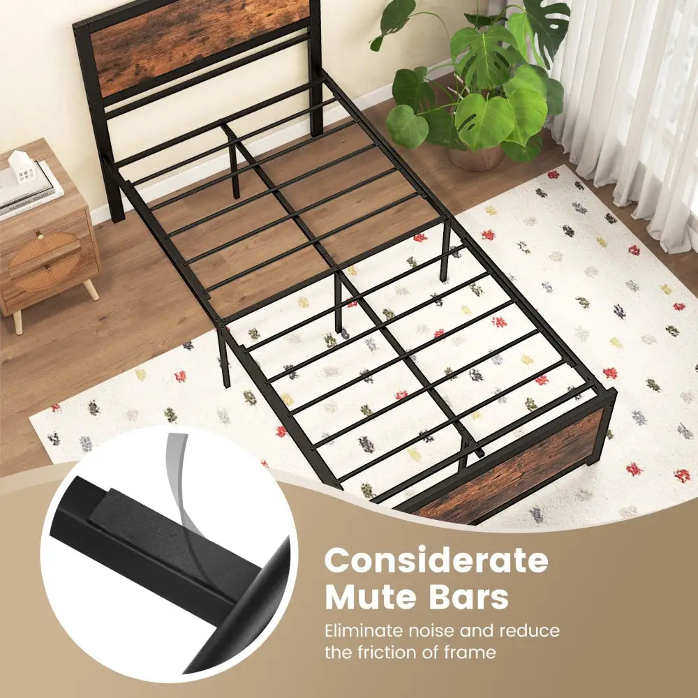Twin Size Bed Frame Metal with High Headboard and Mute Bars-Twin Size - Rustic Brown - Simple Bed Frame