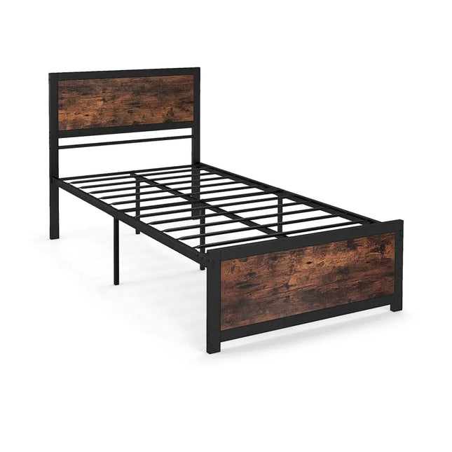 Twin Size Bed Frame Metal with High Headboard and Mute Bars-Twin Size - Rustic Brown - Simple Bed Frame